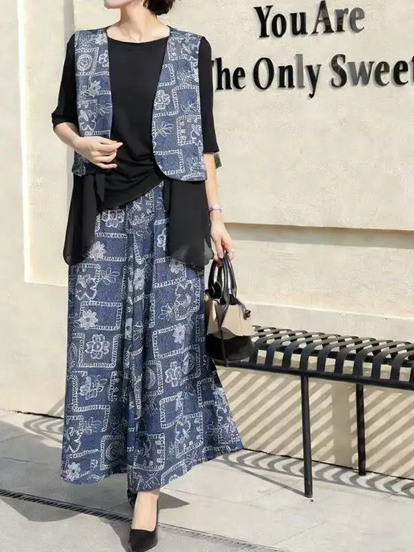 

2026 New plus Size T-Shirt Vest Print Wide Leg Pants Casual Three Piece Set Women's Fashion Spring Lightweight round Neck Sho...