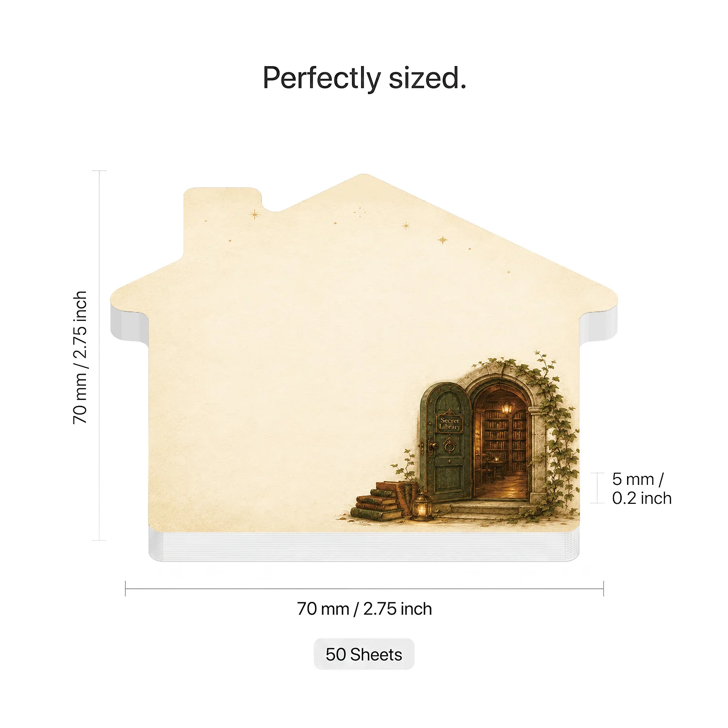 2PCS Secret Library Self Adhesive Sticky Notes 100 Sheets House Shaped Magic Door Bookshelf Fantasy Book Memo Pads Writing Remin