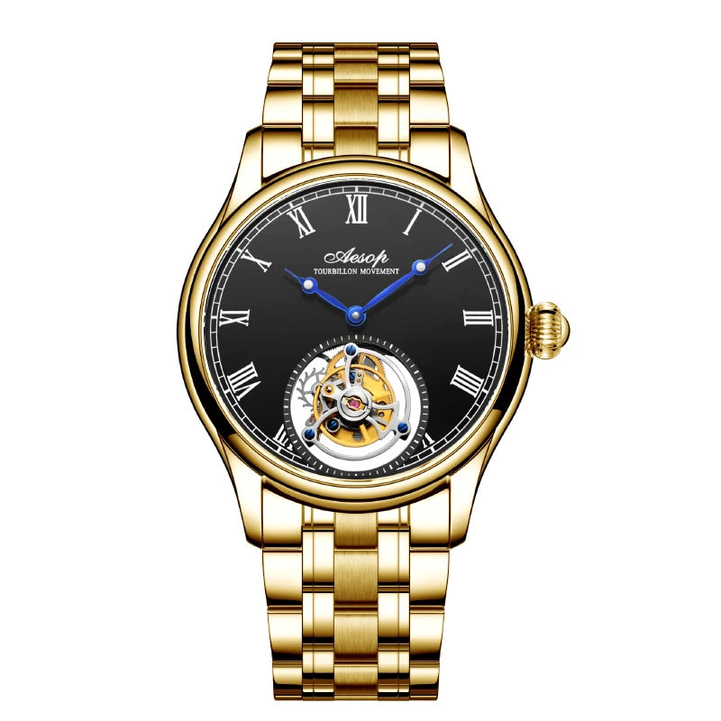 Aesop jam tangan kerangka Tourbillon pria, arloji mekanis mewah Manual berlikuk safir tahan air klasik skala Romawi 7021