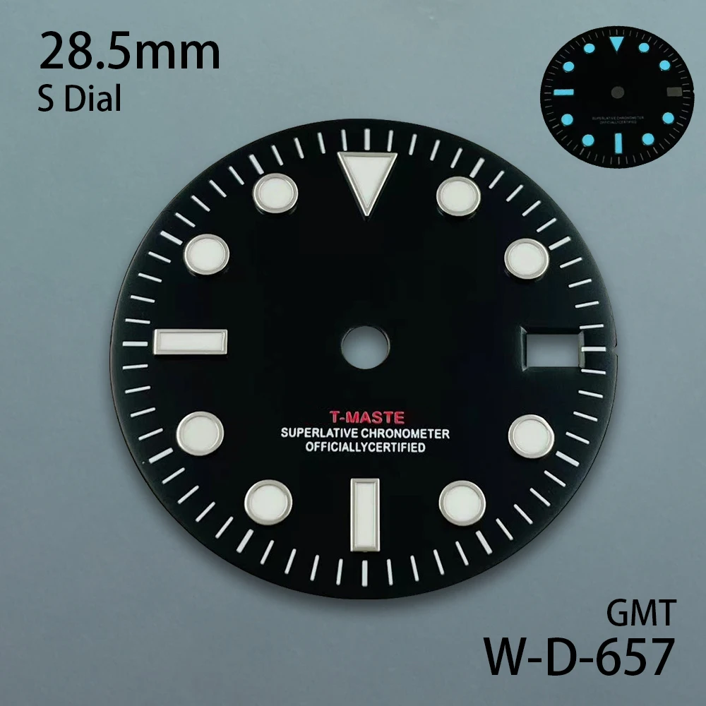 28,5 mm S-logo GMT zwarte wijzerplaat geschikt voor NH34 Japan-beweging ijsblauwe lichtgevende horlogemodificatieaccessoires