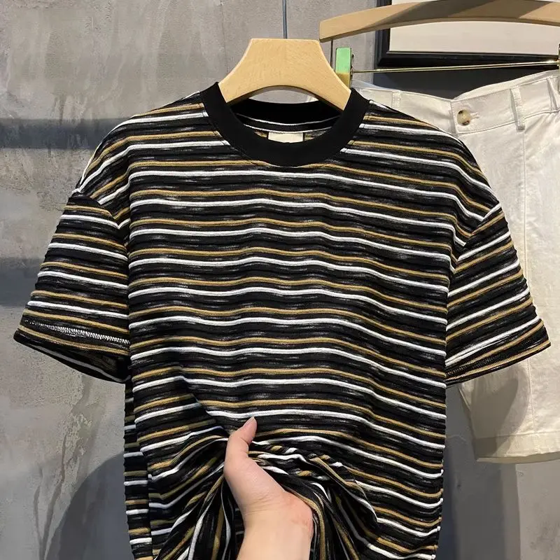 Summer Men's Short Sleeve T-Shirt Striped Color Block Fashion Brand Half Sleeve Top Youth Popular Polyester Fiber round Neck