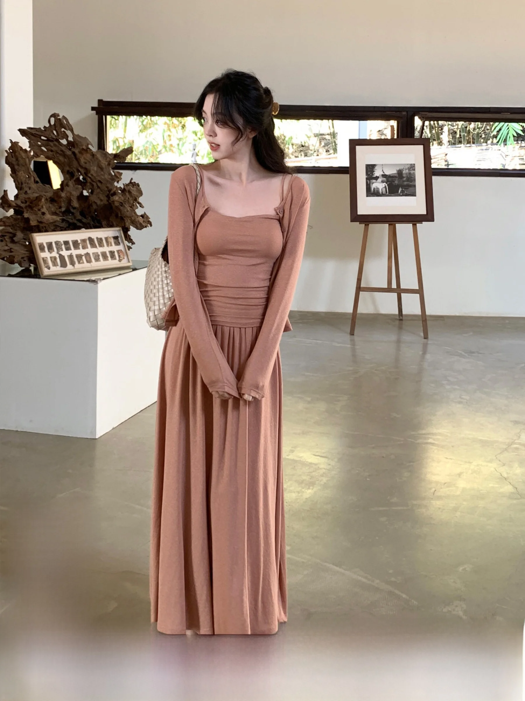 

Syt High-end Pure Color Linen Long Sve Open Cardigan Strap Slimming Tee-piece Set Women's Faion Spring Collection