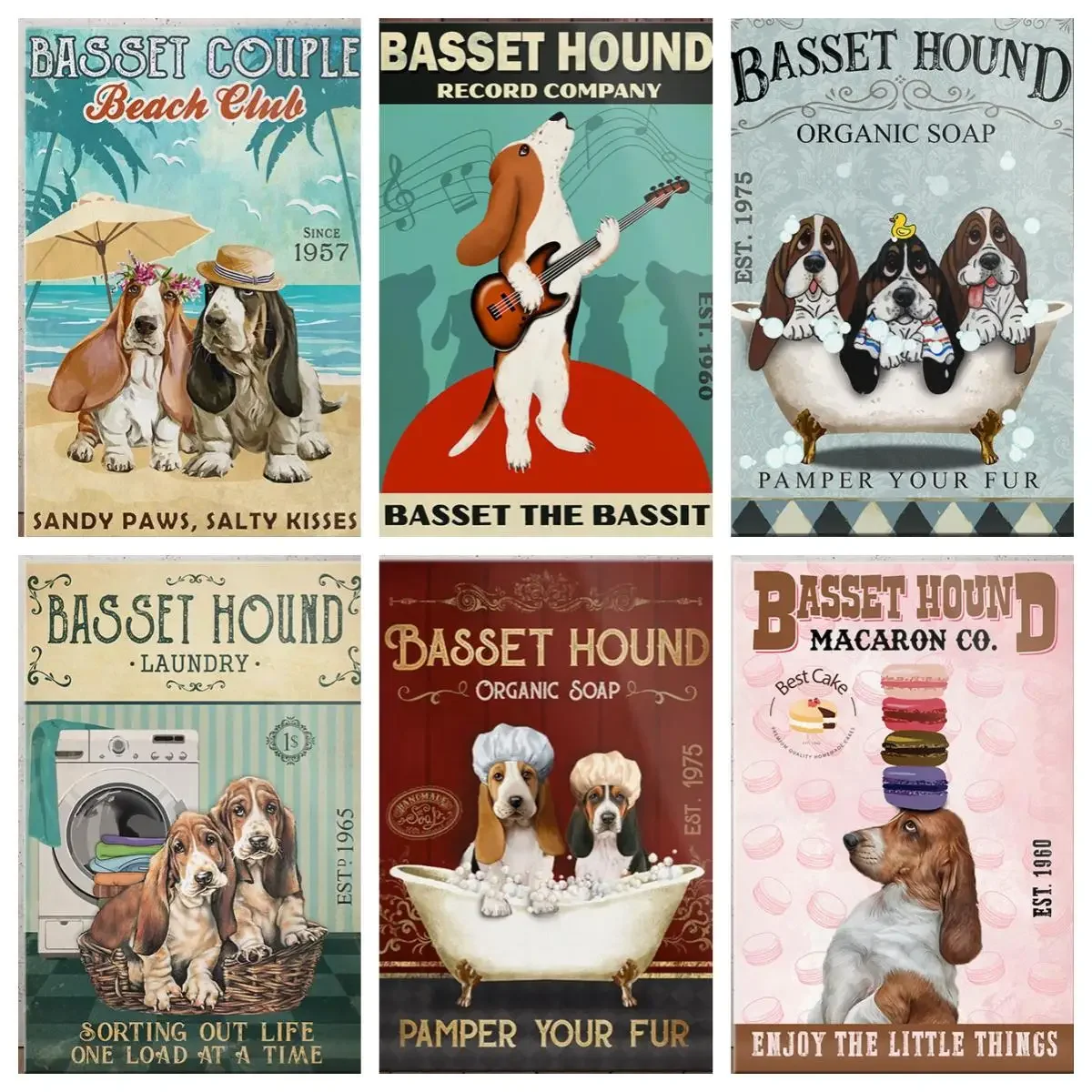 Basset Hound-Póster de empresa de discos, letrero de estaño de Metal, Retro, Bar, personas, cueva, cafetería, habitación familiar, valla, patio, Bar, garaje, decoración de pared del hogar