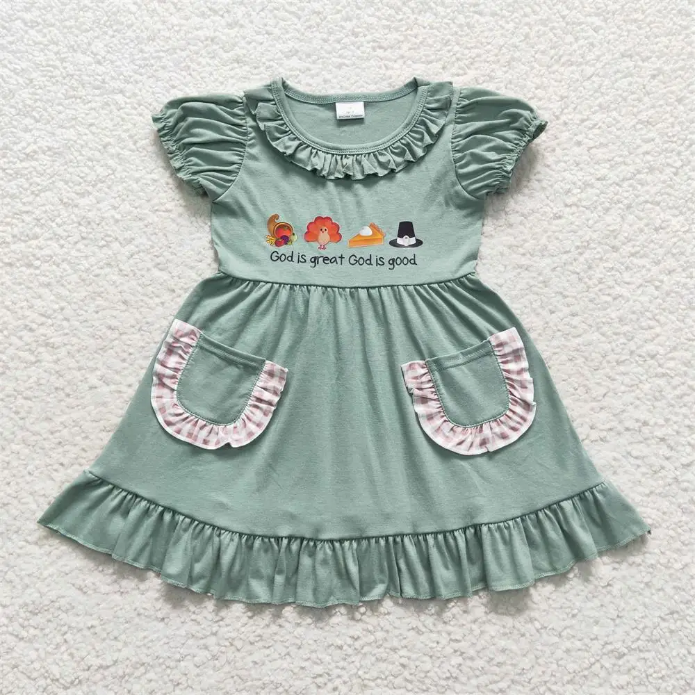 Baby Girls turkey Pocket Dress Children Pumpkin Pie Short Sleeves Green Cotton Kids Infant Thanksgiving Toddler Fall Clothes