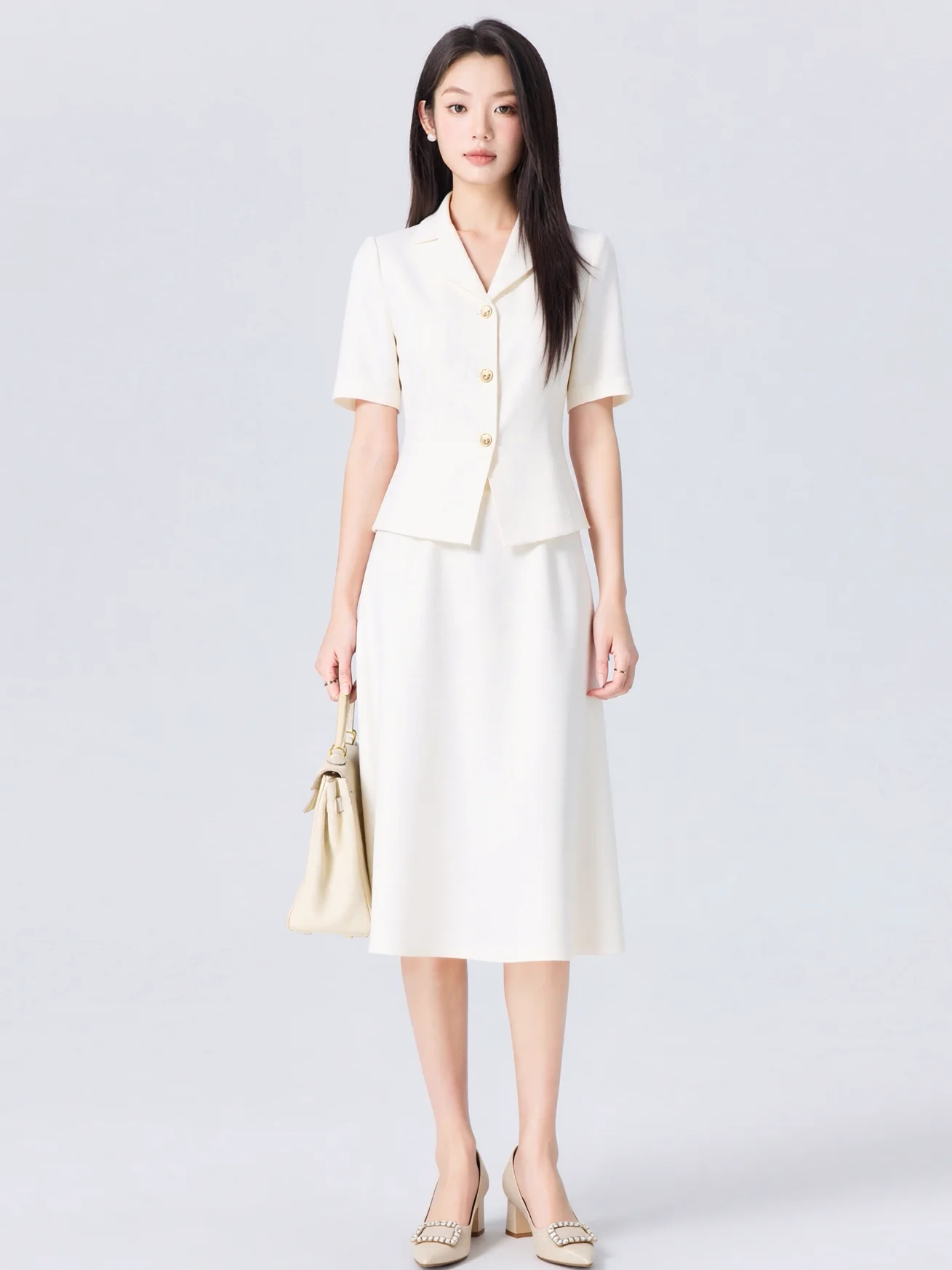 Summer Wheat White Suit Set Dress for Women Teacher Interview Hostess Professional Lightweight Office Formal Skirt