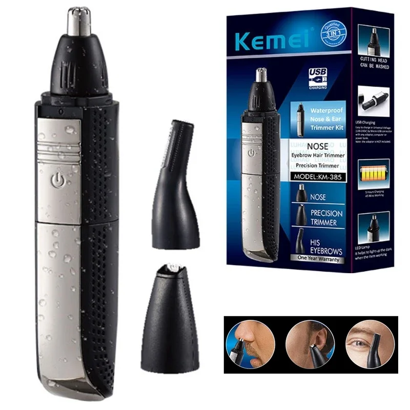 Keme 385 3in1 Waterproof Nose Ear Hair Trimmer Rechargeable for Men Beard Trimer Electric Ear Cleaner Nose Hair Removal