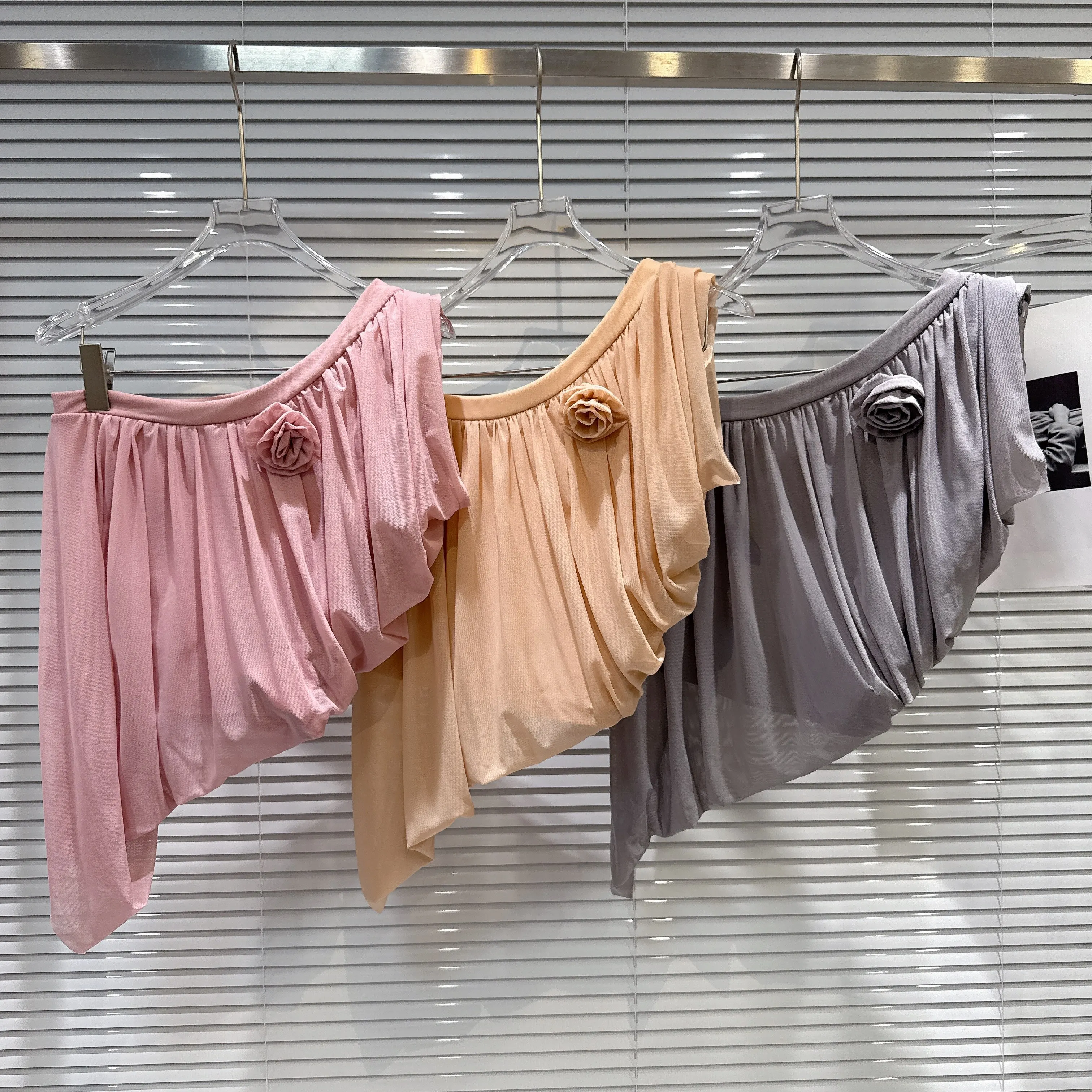 

2026 Spring New Sweet Temperament Ruched Asymmetrical Shoulder Irregular Design Short Chiffon Blouse, Ladies Top