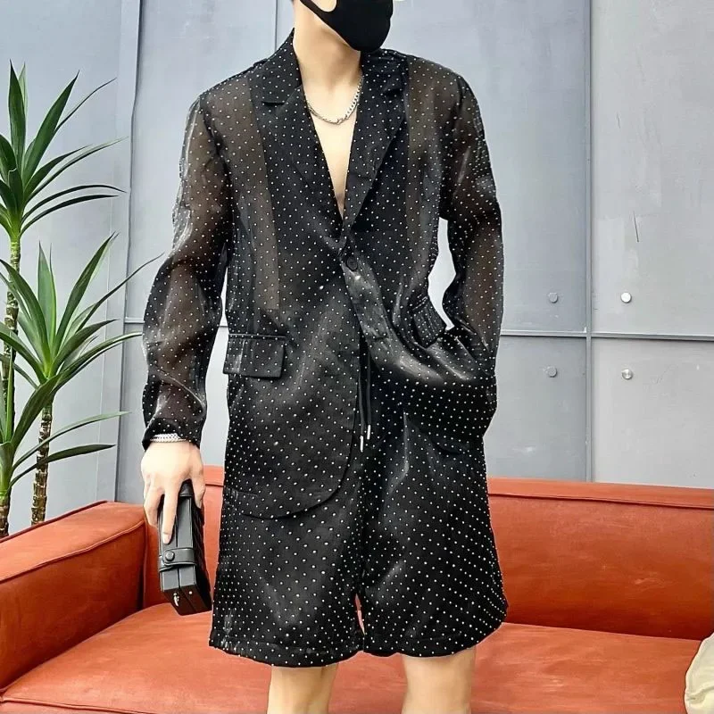 Shimmering 2024 Summer New Men\'s Sunscreen Clothing Notched Button Polka Dot Patchwork Loose Long Sleeve Shorts Blazer Sets