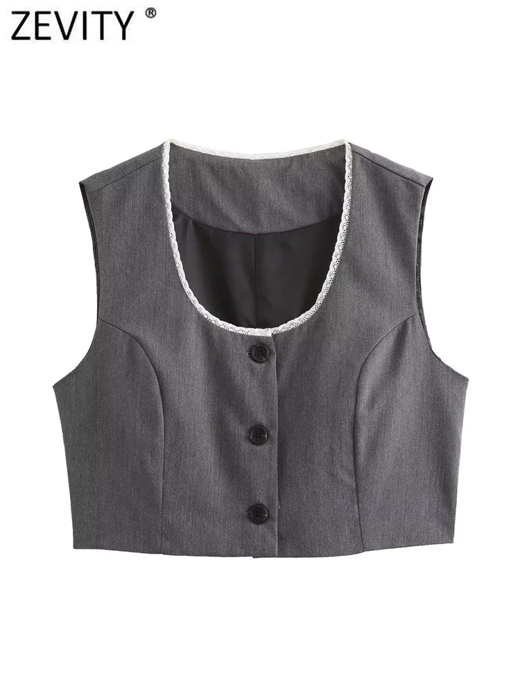 

Zevity Women Fashion O Neck Lace Stitching Single Breasted Short Vest Shirt Ladies Retro Sleeveless Crop Blouse Chic Tops CT7219