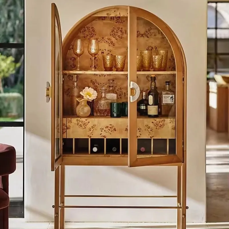 

French-Style Retro High-Sideboard Custom Furniture Design Arch-Shaped High-Legged Decorative Wine Cabinet Living Room Cabinets