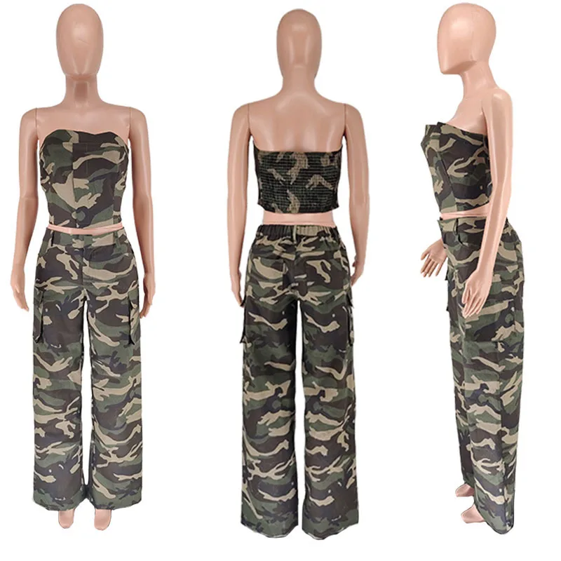 

Two Pieces Women Pant Sets Camo Matching Sets Button Pocket Sleeveless Top Empire Waist Full Length Pants Streetwear 2026 Autumn
