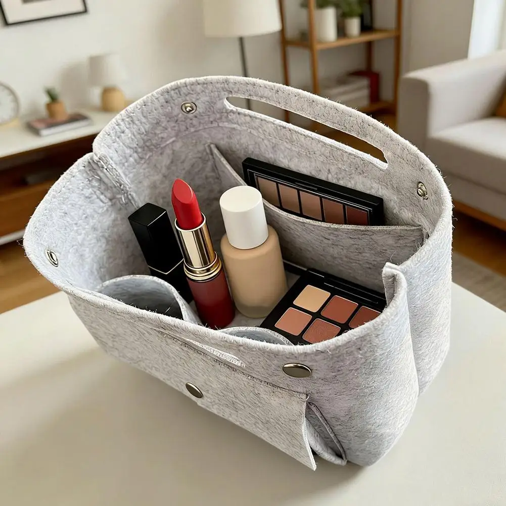 Mini Slim Felt Purse Organizer Insert with Snap Closure Makeup Bag In Bag Shaper with Multi-Pockets for Handbag & Tote ﻿