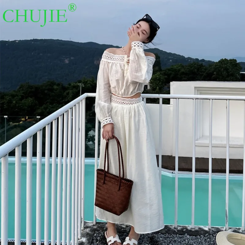 

【CHUJIE】Новинка лета-осень 2023 года, кружевной топ премиум-класса с открытыми плечами и топом-трубой + юбка-трапеция, комплект из 2 предметов