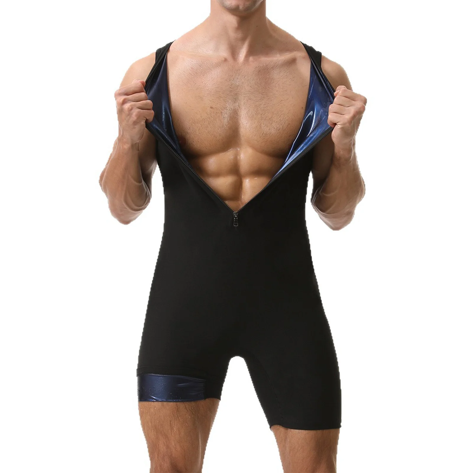 Herren Sauna-Kurzanzug, ärmelloser Jumpsuit für Workout, Sport, Fitness, Radfahren, Jogging, mit Reißverschluss vorne, oberschenkellang. – Detail 10