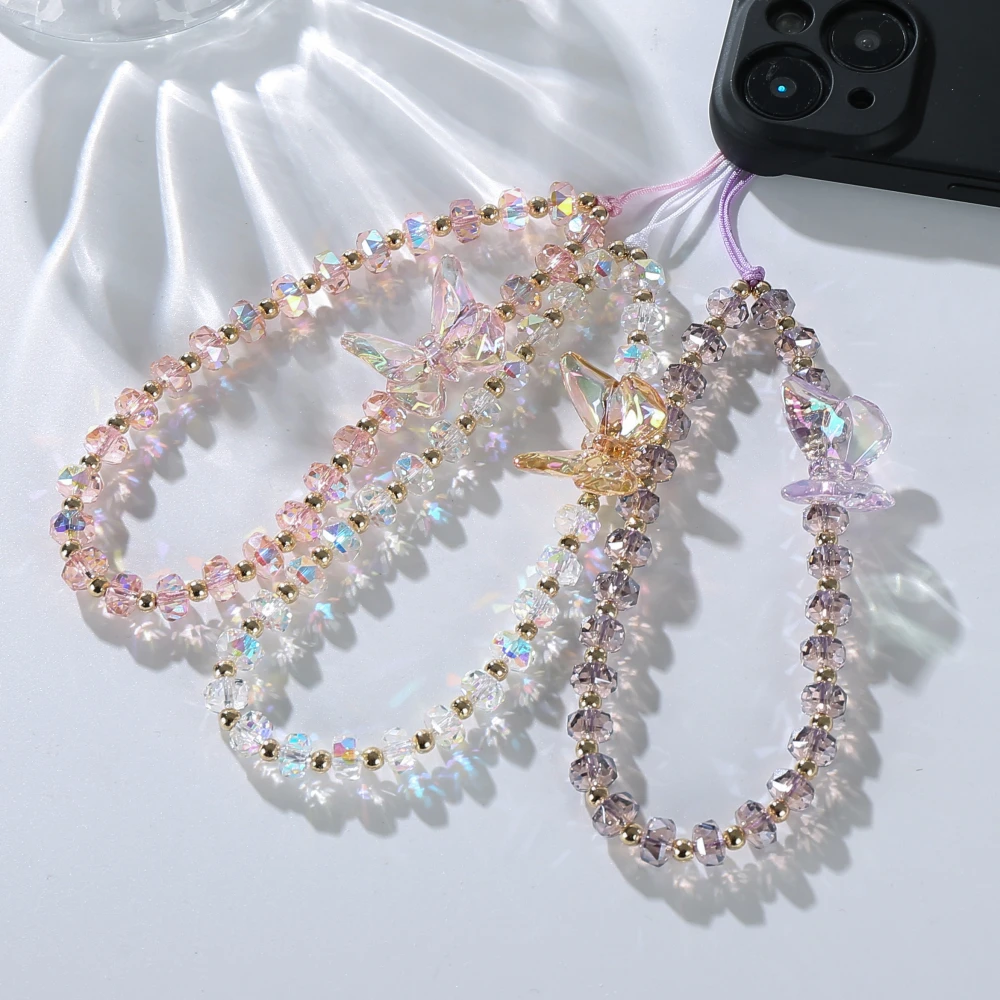 Creative Crystal Telephone Chain Butterfly Round Beaded Mobile Phone Case Chain For Women Girls Anti-lost Cellphone Hanging Cord