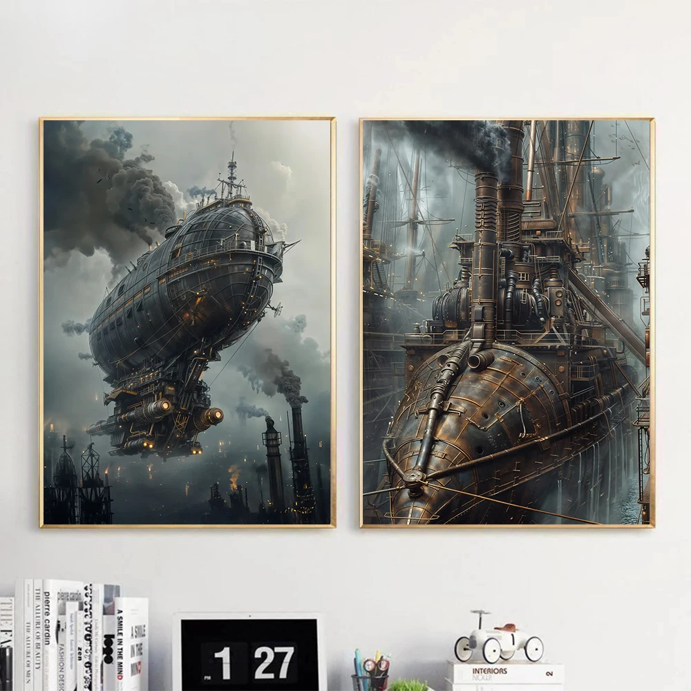 Surrealisme Shocking Steampunk Stadsgezicht Posters Industriële Stads Luchtschip Trein Moderne Prints Canvas Muur Foto Thuis Kamer Decor