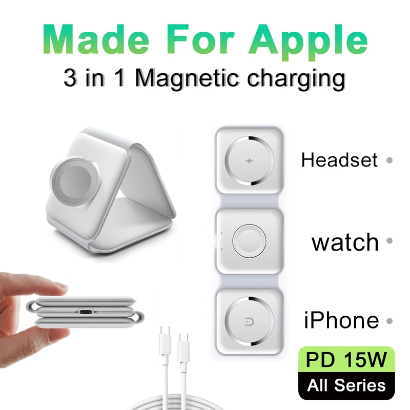 

PD 15W Magnetic Wireless Charger For iPhone 16 15 14 Pro Max Apple Watch 8 Airpods 4 Foldable 3 in 1 Portable Charging Station