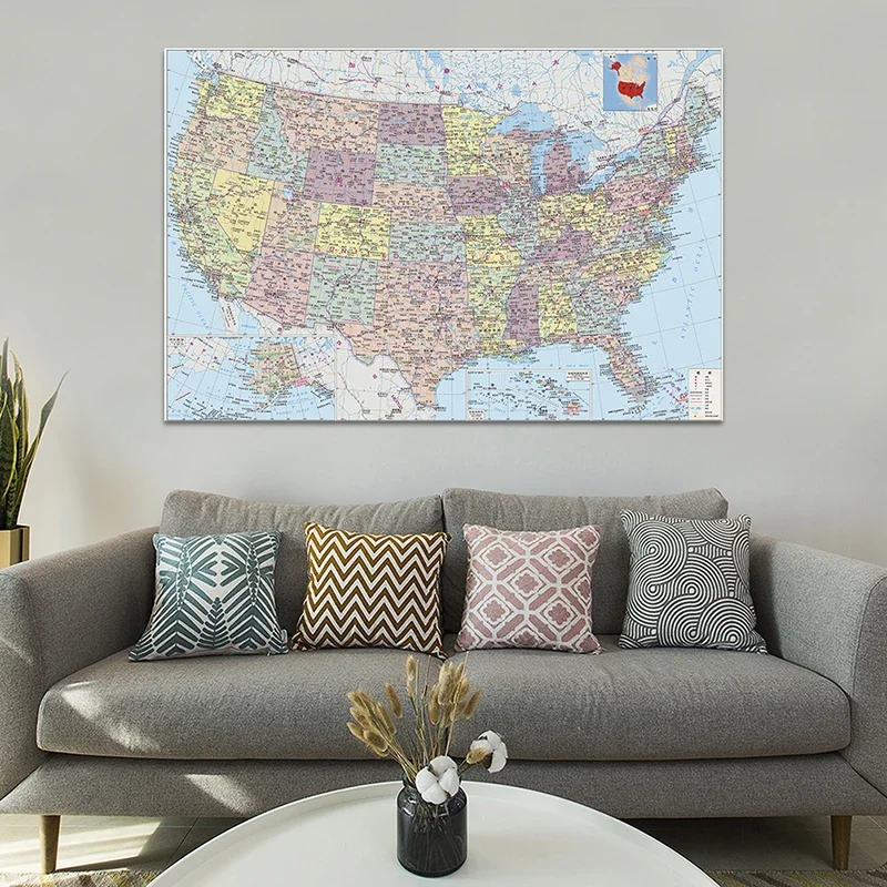 The America Map with Details Chinese Language 150*100cm Wall Art Poster Living Room Home Decoration Children School Supplies