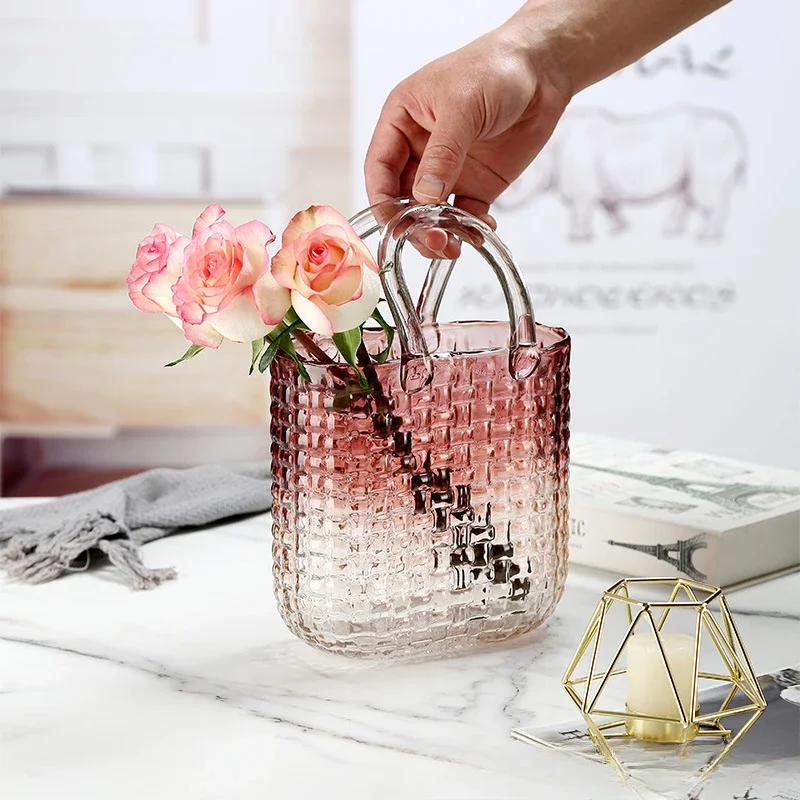 

Light luxury simple rattan bag glass vase bubble hand basket living room dining table flower arrangement dried flower hydroponic