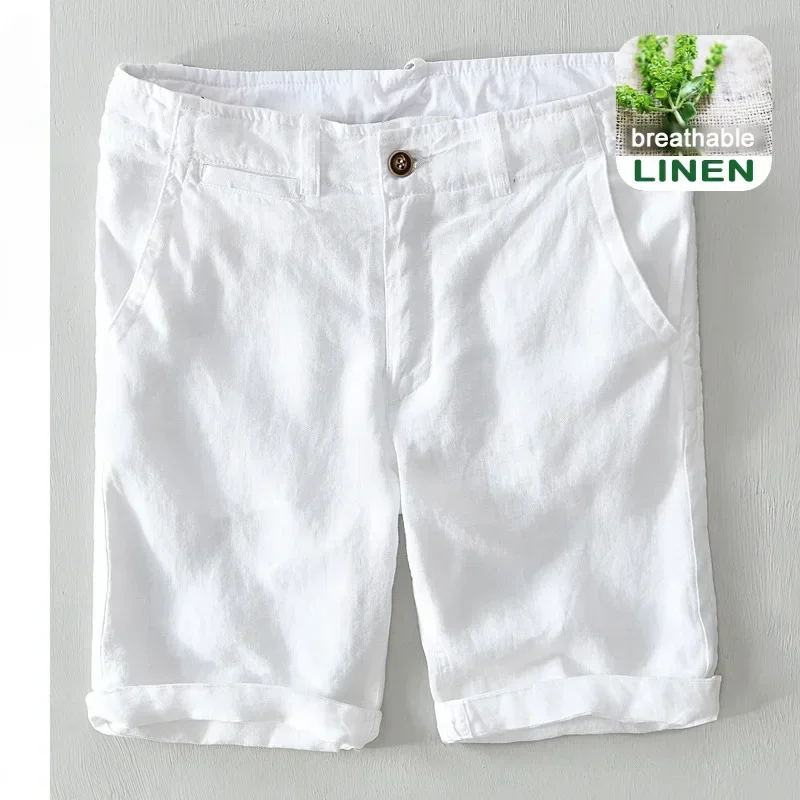 

Summer New Fashion Casual Shorts for Men Clothitng Thin 100% Linen Loose Breathable Beach Pants B1921