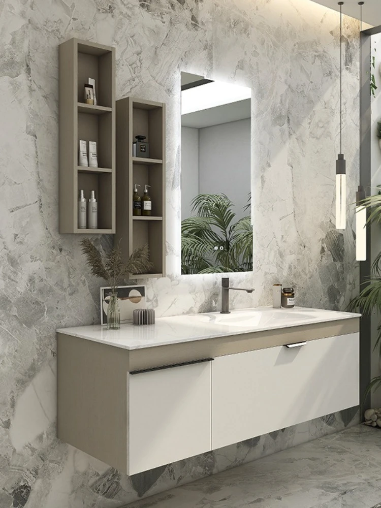 

Cream gray ceramic integrated washbasin cabinet combined rock slab countertop bathroom cabinet toilet washstand