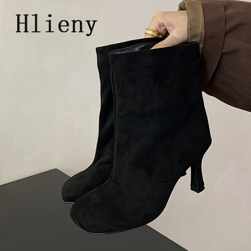 Hlieny Fashion Square Toe Ankle Boots Women Thin Low Heels Shoes Autumn Winter Vintage Western Mid-Calf Booties Zapatos Mujer