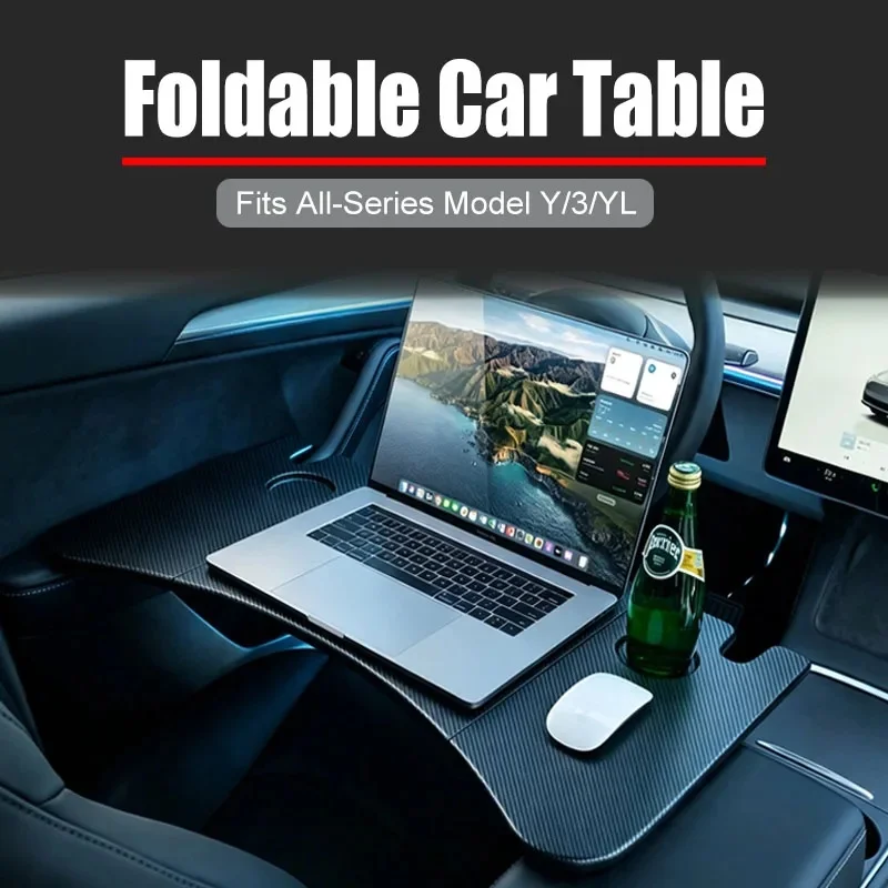 Foldable Carbon Fiber Style Car Armrest Desk, Portable Lightweight In‑Car Office Table Accessories For Model 3 Highland Y YL