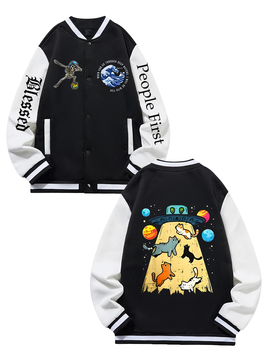 

Black Blue Green Double-sided Christmas Print XS-XXL Unisex Baseball Jacket Streetwear Coat Warm Fleece Soft Jacket