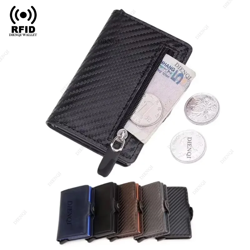 

Мужские зажимы для денег, минималистичный кошелек из искусственной кожи, карбоновый держатель для кредитных карт, RFID-защита от кражи, автоматический всплывающий зажим для карт на молнии