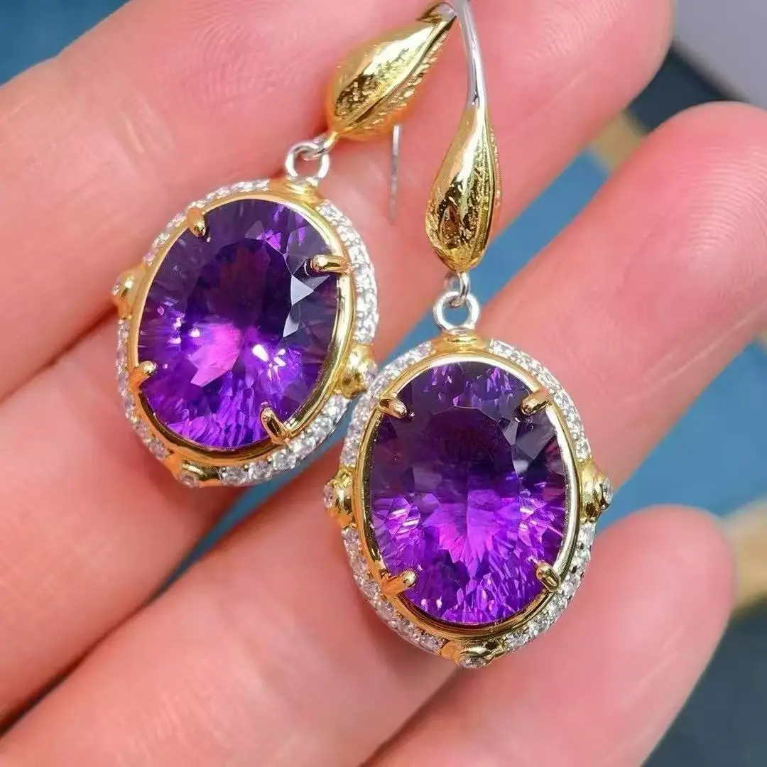 Natural Amethyst Dangle Earrings, 925 Silver Two-Tone Setting 13x18mm Main Stones, Crystal Jewelry Gift for Women