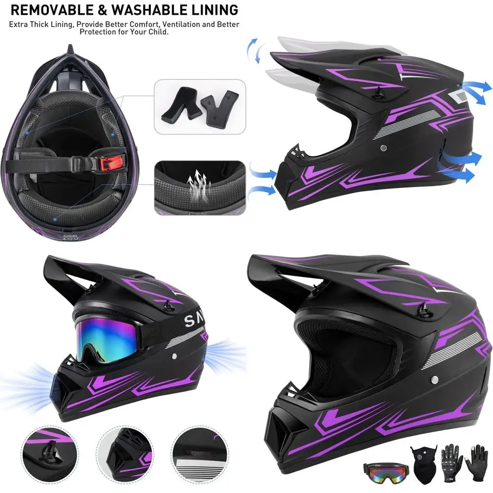 

Purple Full Face Motocross Helmet Set for Kids - Includes Goggles, Gloves, and Face Mask, DOT Certified for Girls, Suitable for