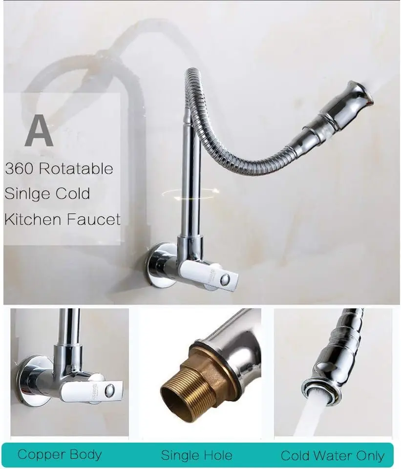 

Смесители для кухонной мойки, вращающийся на 360° однорычажный настенный смеситель из нержавеющей стали, смеситель Ktichen, хромированная отделка