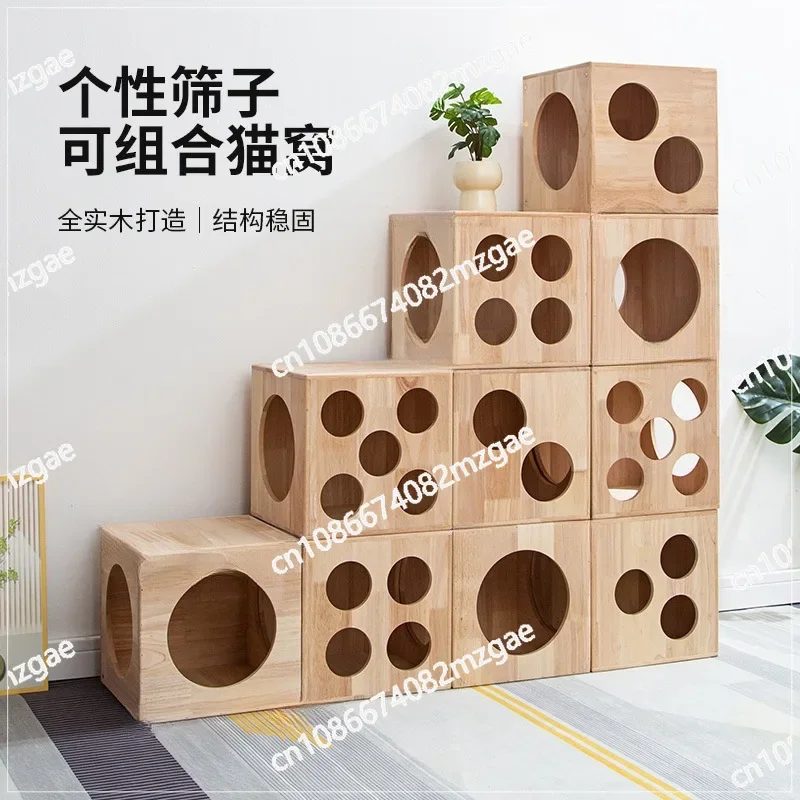Solid wood cat nest four seasons universal tunnel villa combination creative pet cat house