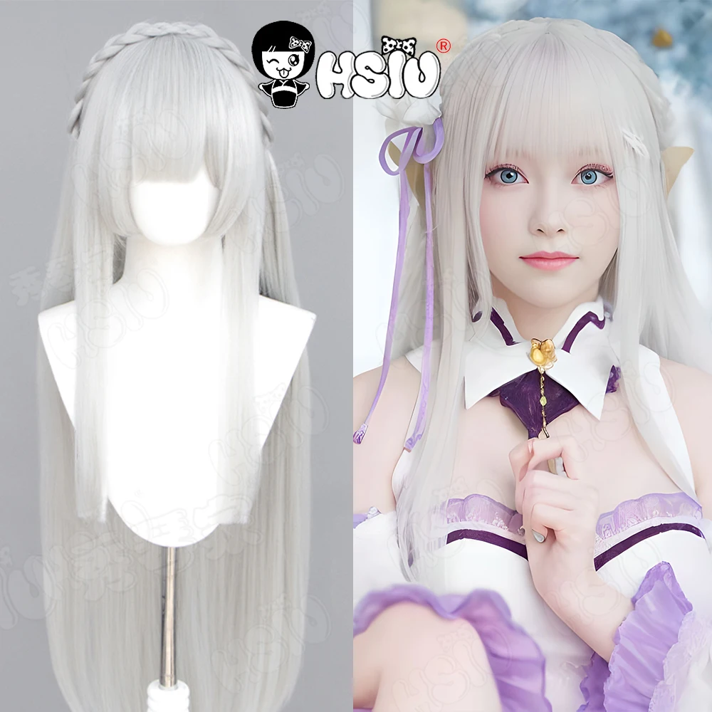 

Emilia Cosplay Wig HSIU 100cm Silver gray long hair Synthetic Wig Anime Re Zero Kara Hajimeru Isekai Seikatsu Emilia Cosplay Wig