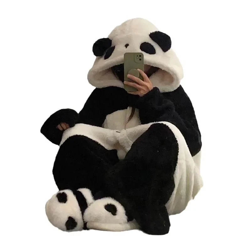 Set di abbigliamento per la casa per ragazze carine Nuovo arrivo Cartoon Panda Sleepwear per le donne Inverno Coral Fleece Spessa Sleeprobe