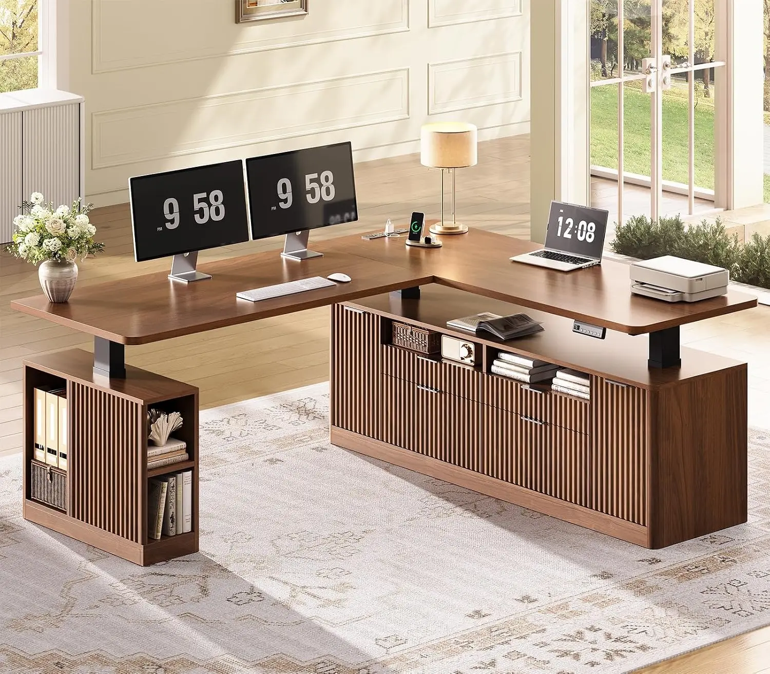 L Shaped Electric Standing Desk with 4 Drawers & Fluted Panel, Home Office Workstation, Customized
