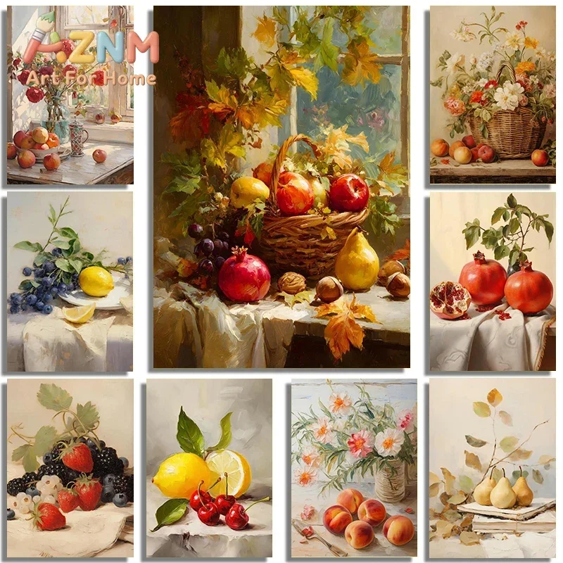 Vintage Rural Farmhouse Lemon Peach Pomegranate Pear Fruit Flower Still Life Poster Canvas Paint  Paint Kitchen Wall Decor