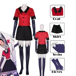 Anime Vaggie Cosplay Costume Haz bin Cos Hotel Red Uniform Top Skirt Gloves Socks Full Set Suits for Adult Halloween Party Fancy