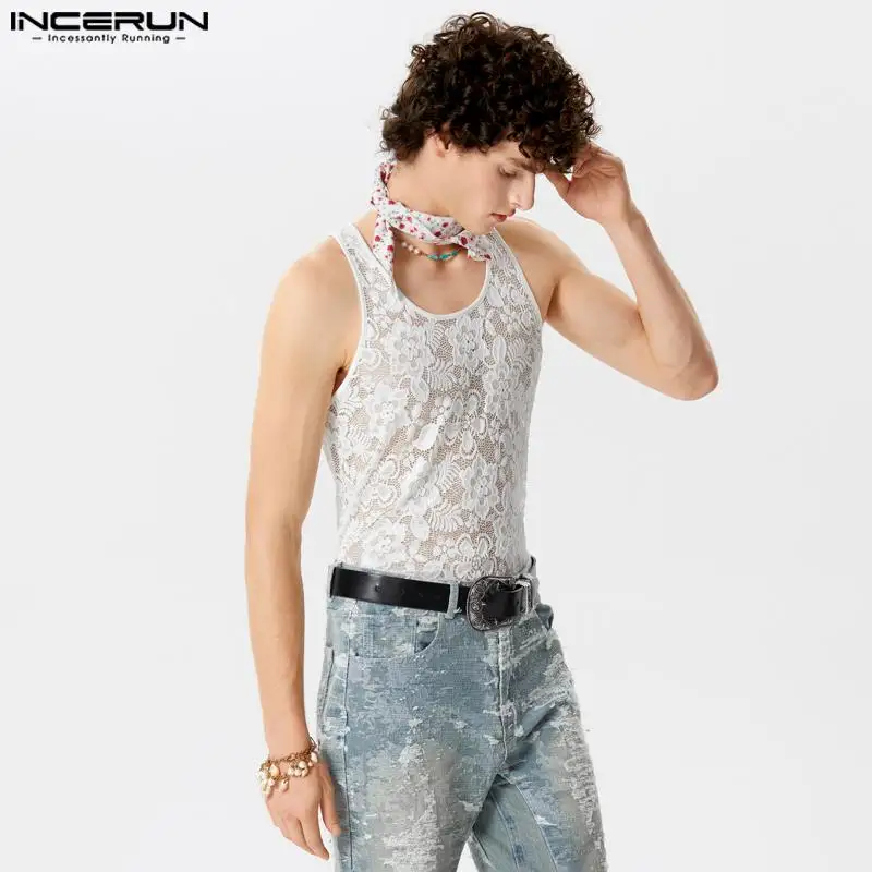 INCERUN Men\'s Tank Tops Lace O-neck Sleeveless Sexy Streetwear Male Vests Summer Transparent 2024 Fitness Fashion Men Clothing