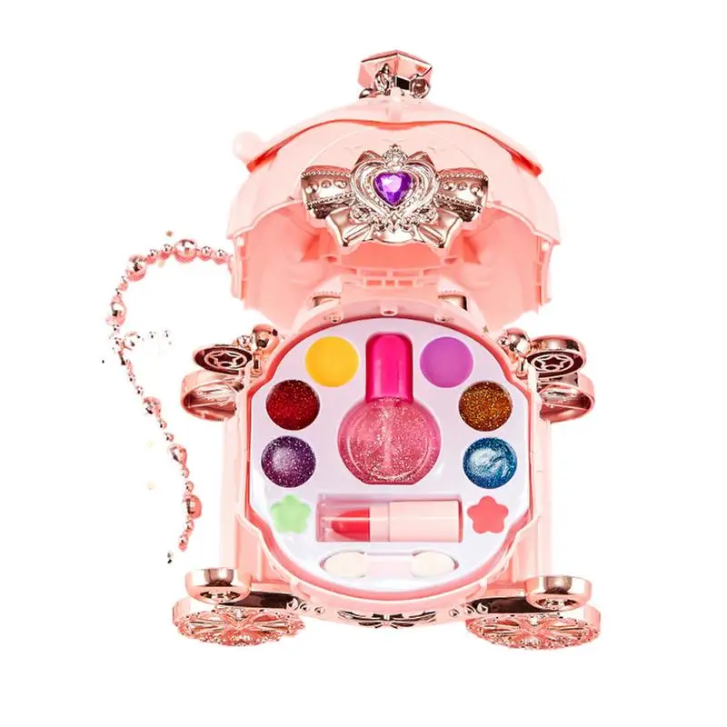 Girls Makeup Set Princess Pink Carriage Shape Cosmetic Sets Makeup Kits Portable Beauty Set Real Pretend Makeup Toys for Little