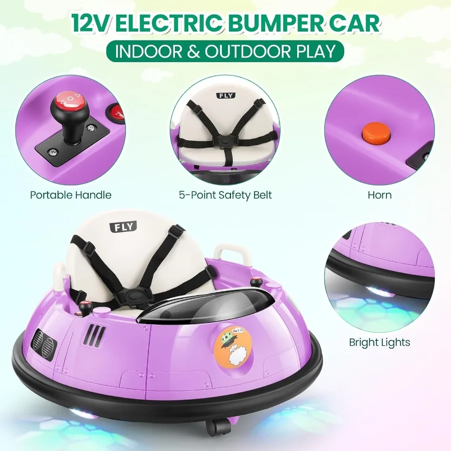 Auto paraurti elettrica per bambini, paraurti alimentati a batteria da 12 V per ragazze e ragazzi, rotazione a 360 gradi, cintura di sicurezza a 5 punti, due conduttori