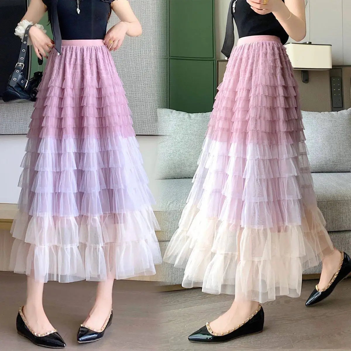 Casual Style Cake Skirt Half-length Women's New Style Slimming Long Net Gown Four-season Heavy-duty Splicing Printed Skirt