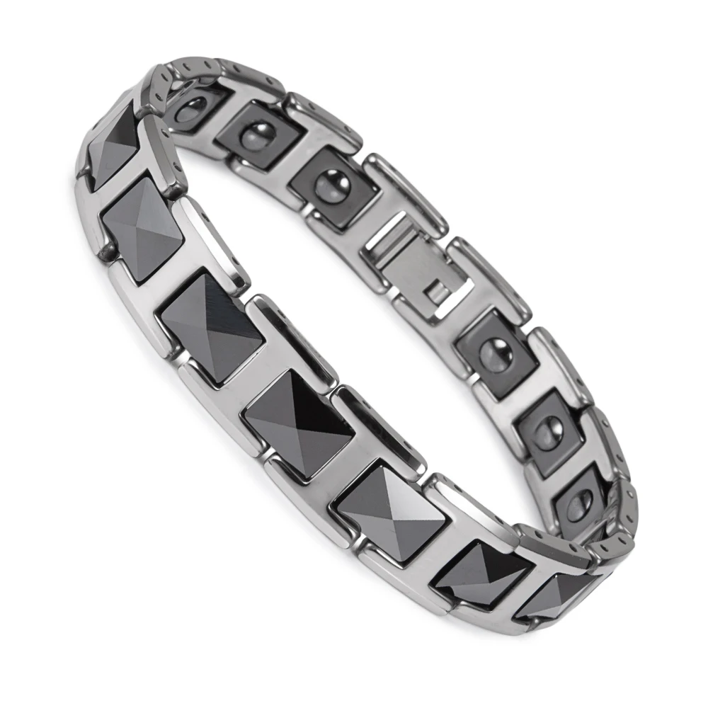 Ikuinen Trendy Black Magnetic Bracelet Ceramic Hematite Health Energy Bracelet for Men Chain Link Stainless Steel Bracelet Man