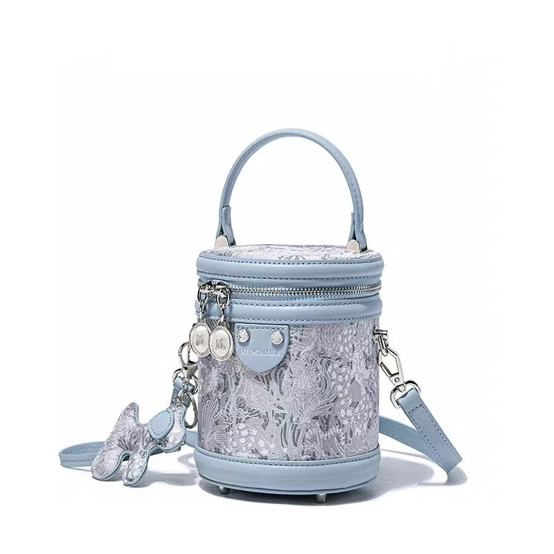 Women Handbag Shoulder Bags Bucket Barrel-shaped Pack Composite Cowhide Embroidered Ladies Crossbody Top-Handle Bags Girl Purses