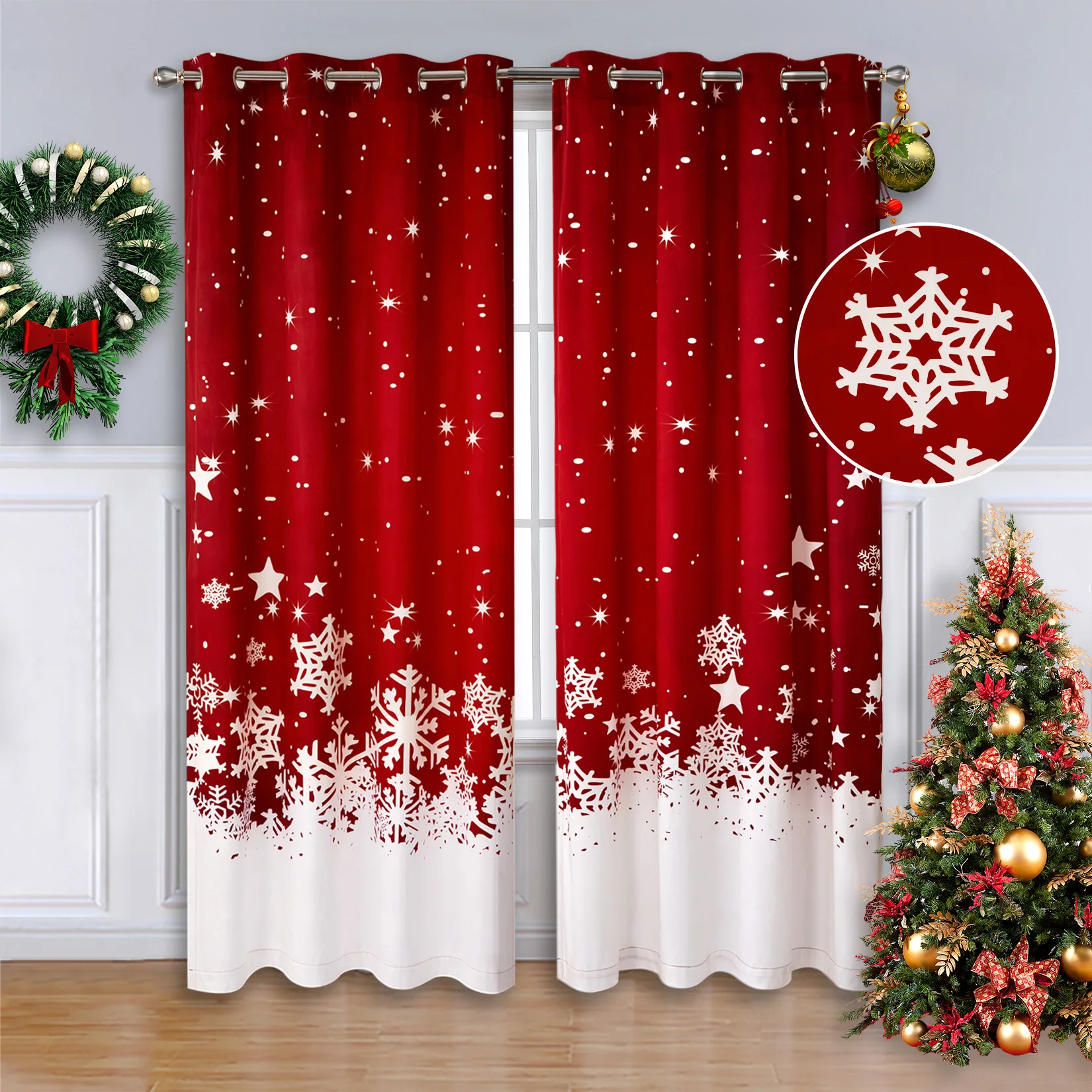 Velvet Xmas Window Curtains, Privacy Protection Curtain Panels for Bedroom Living Room Window Treatment 63 inches Long,Set of 2