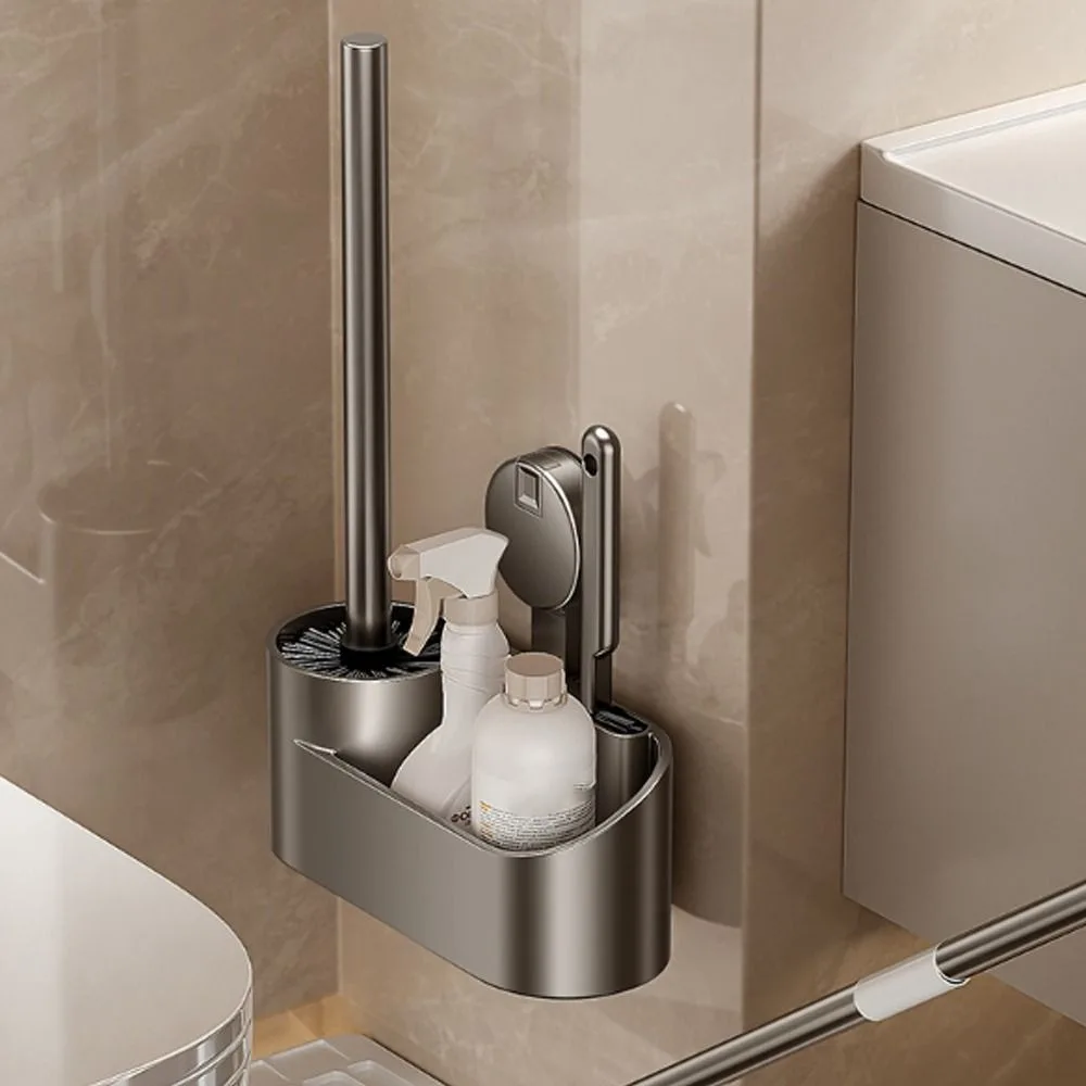 

Suction Cup Mount Toilet Brush Holder No Drill Design with Container Vertical Toilet Brush Space Saving