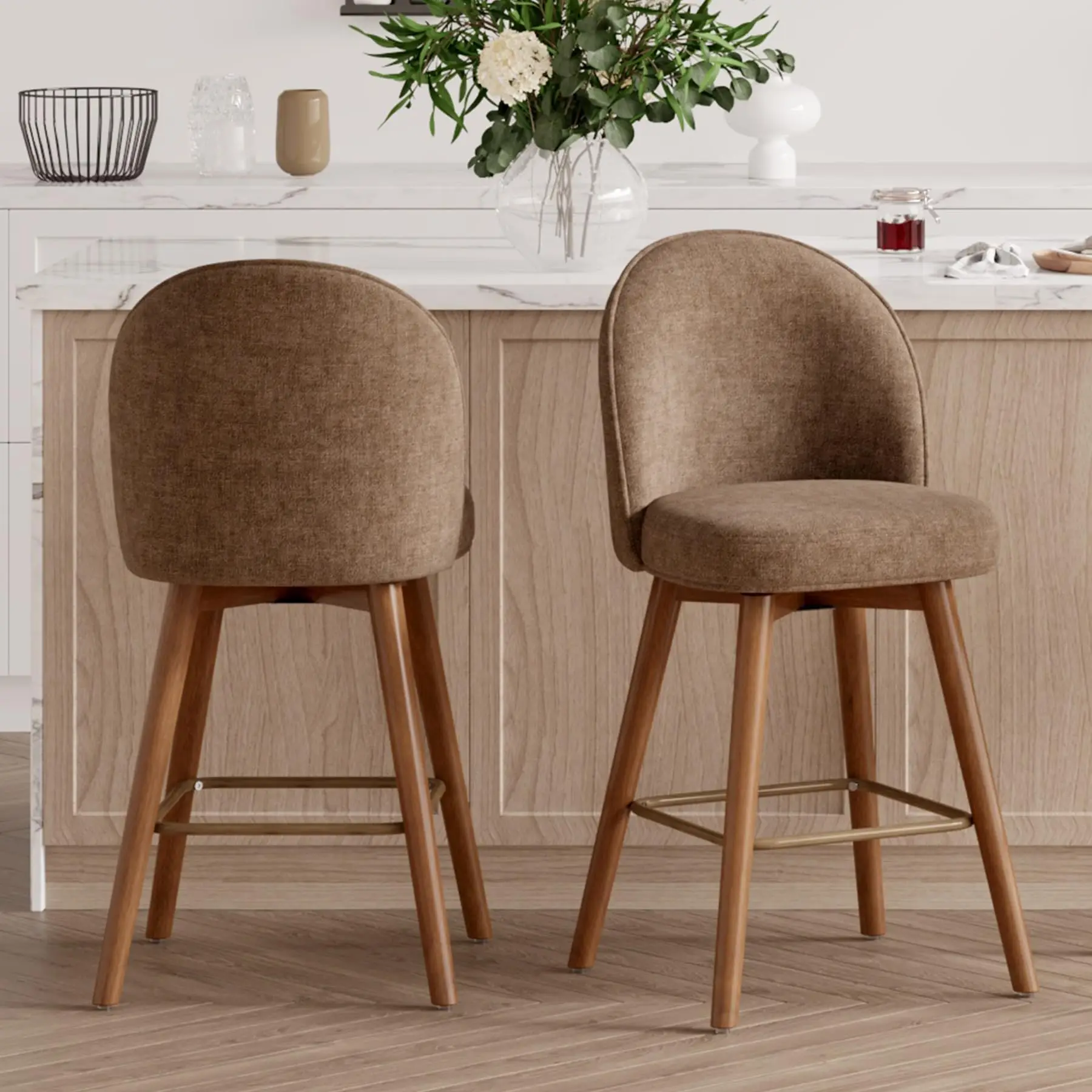 Modern Swivel Bar Stools Set of 2, Chic Upholstered Counter Height(26IN) Bar Chair with Back, Solid Wood Legs and