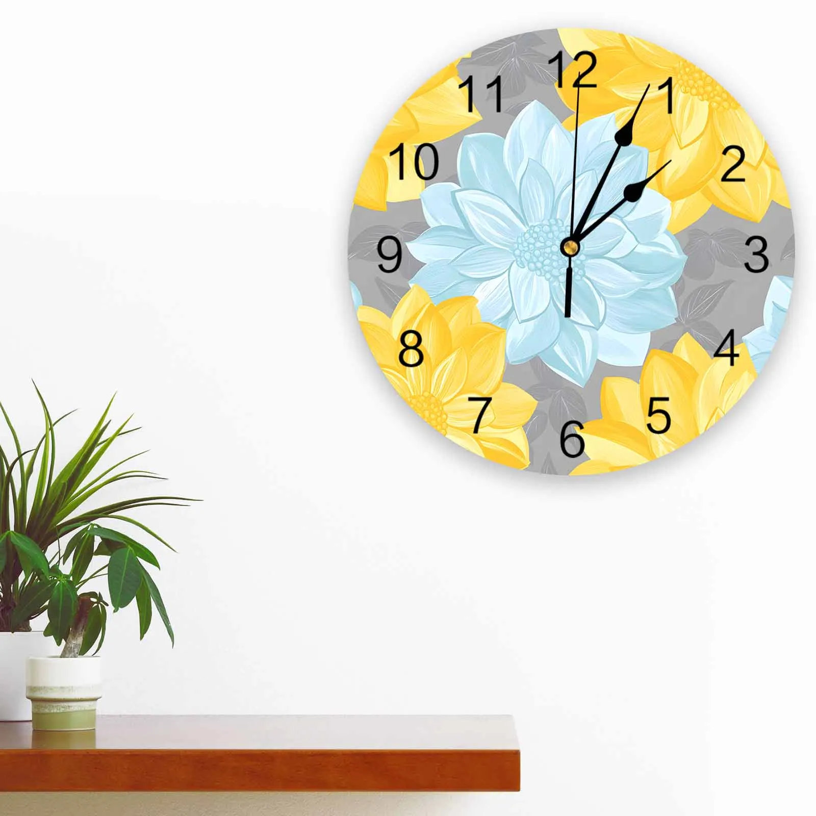 

Vintage Yellow Grey Flower Wall Clock Large Modern Kitchen Dinning Round Clocks Bedroom Silent Hanging Watch