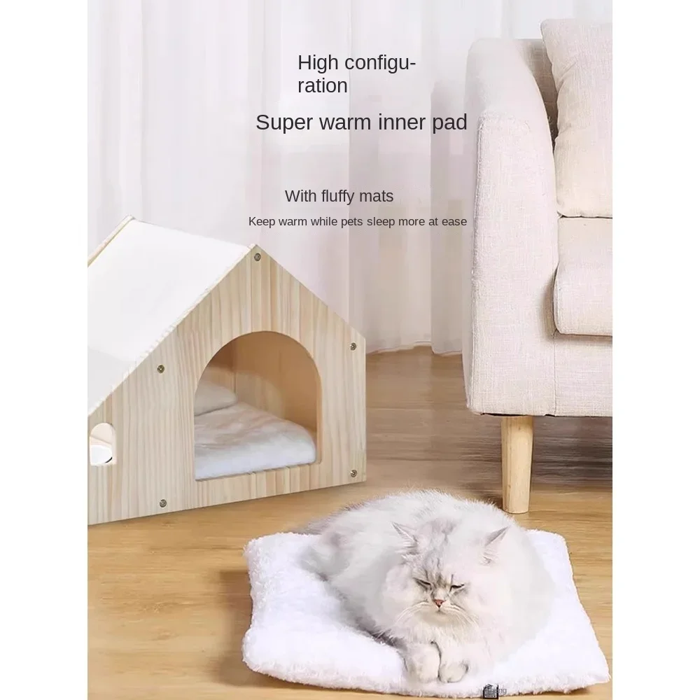 Four Seasons Universal Cat House Wooden House Bowl Integrated Household Cat Villa Solid Wood Small Cat House Intern