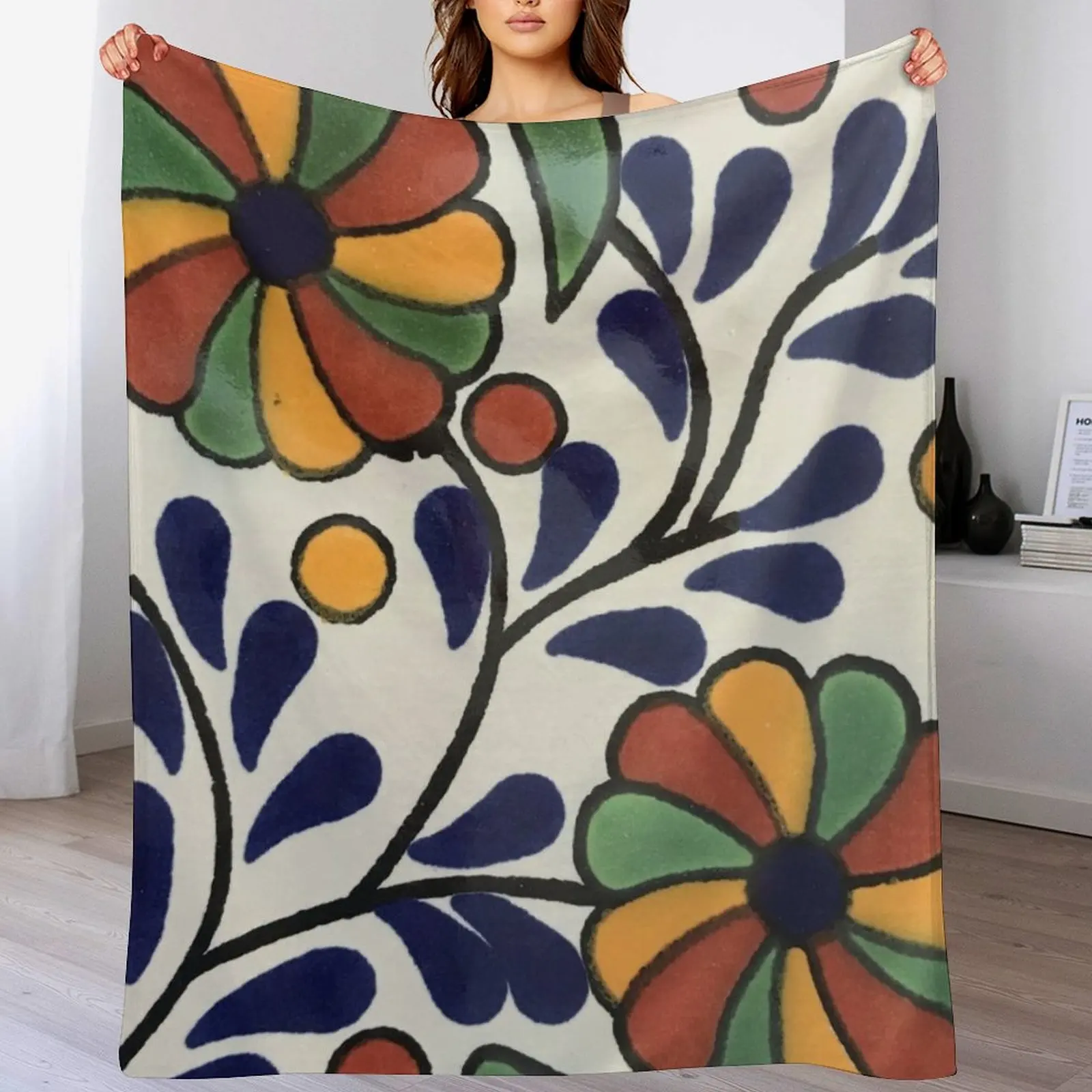 Glazed Talavera Floral on Ceramic Hand Painted Mexican Tile Throw Blanket Baby decorative Blankets